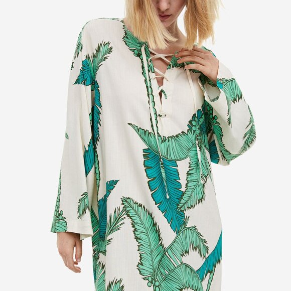 H&M Long Midi Palm Trees Leaves V-Neck Loose Fit Cotton Blend Dress with Lacing - Picture 2 of 14